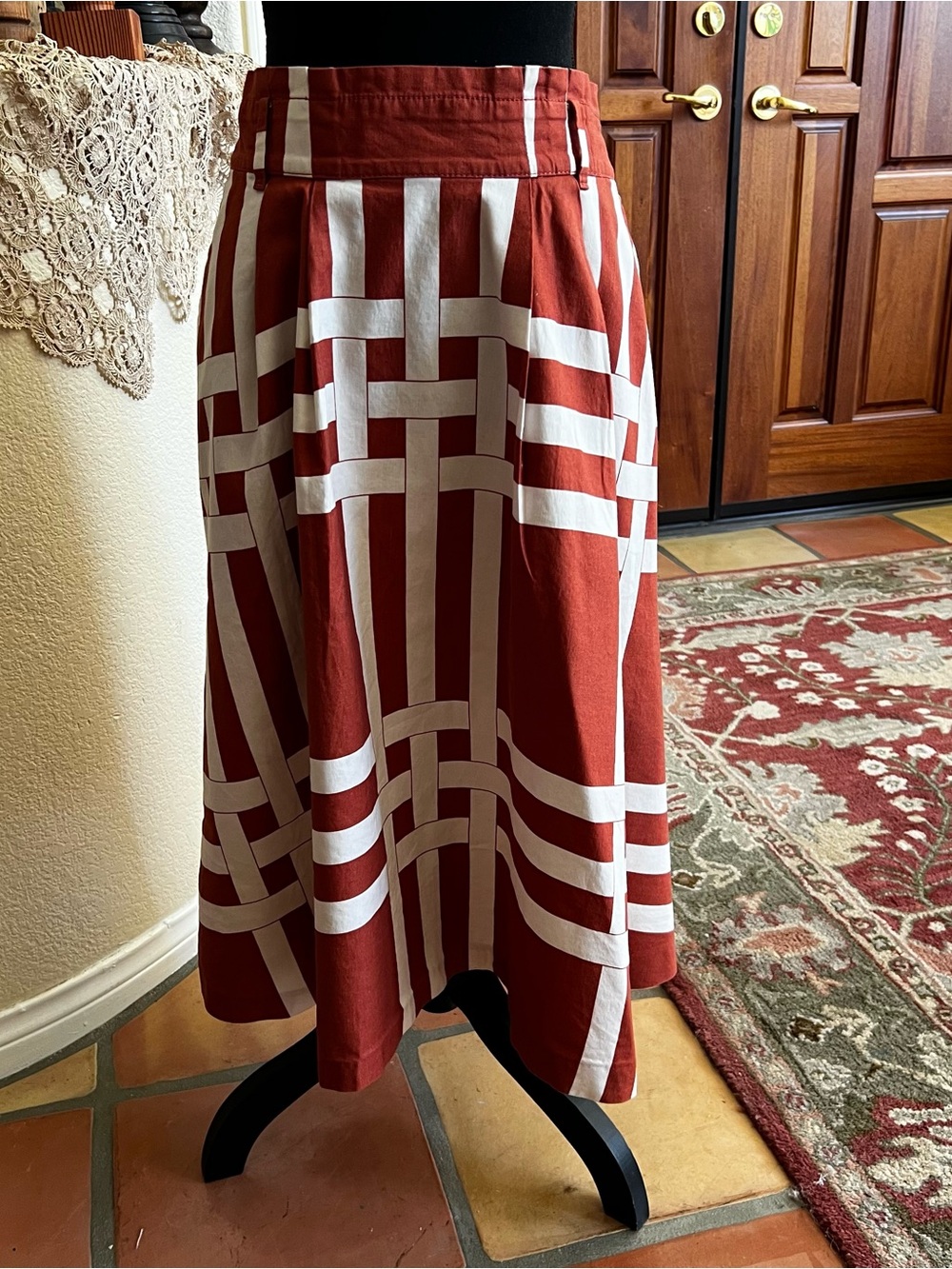 Ann Taylor Burnt Orange White Pleated Midi Side Pockets Skirt Size 10